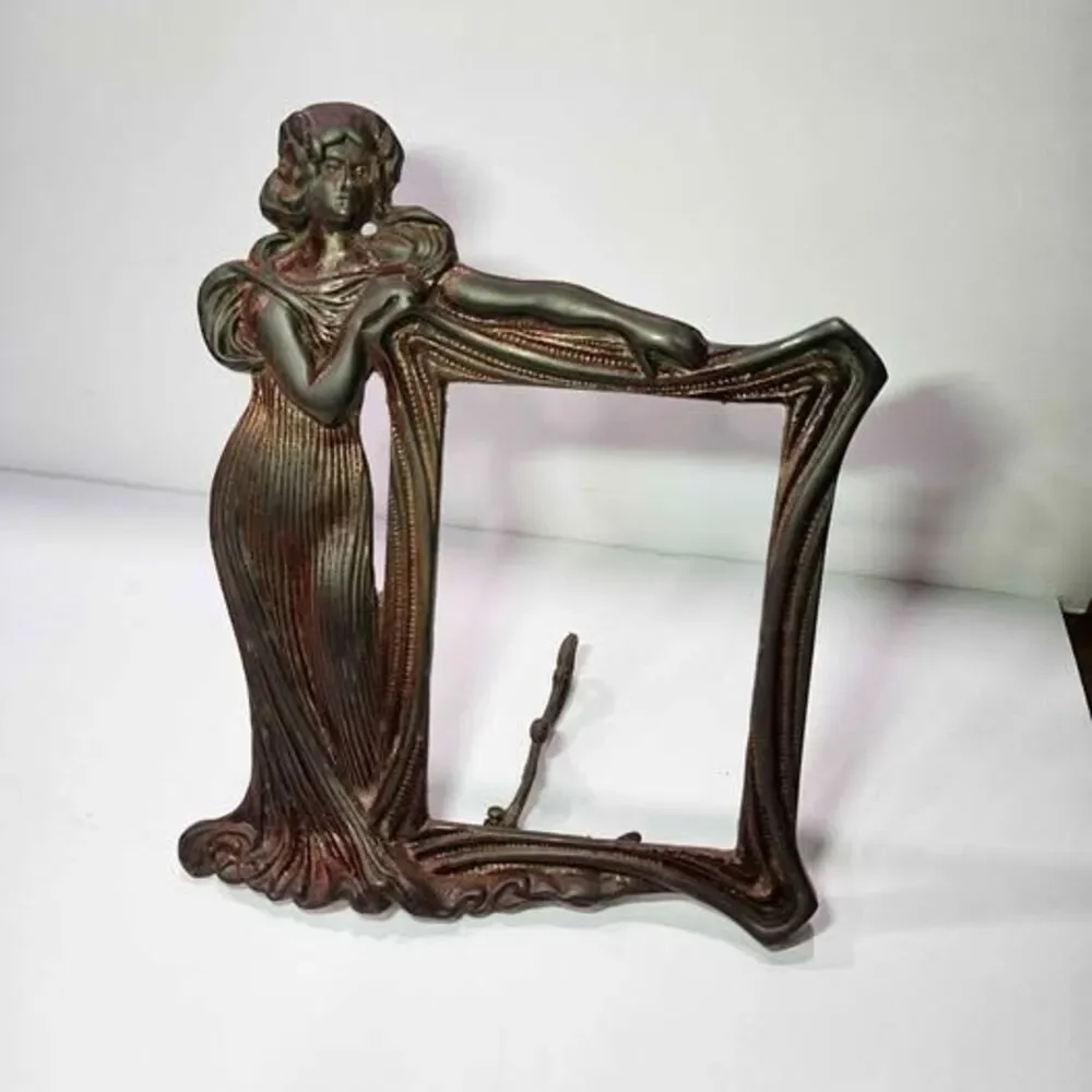 Vintage Art Nouveau Lady Figural Metal Photo Frame. Brass & heavy!